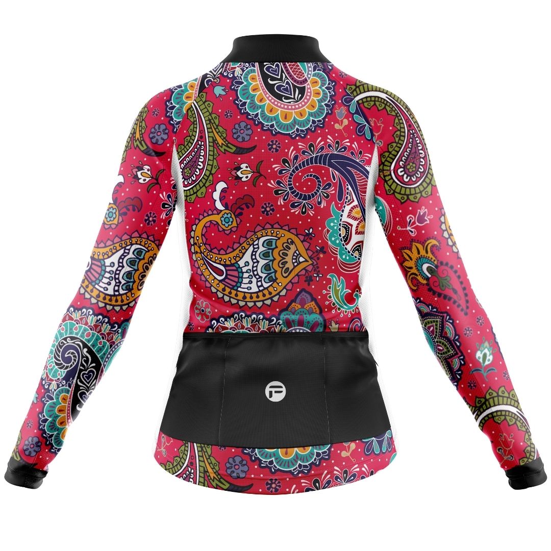 Women's cycling jersey with a vibrant paisley pattern and three rear pockets for storage