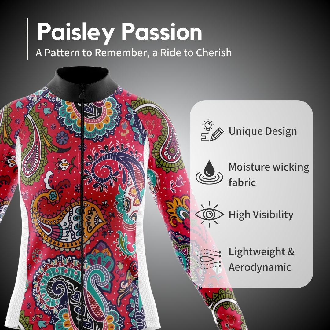 Key features of Paisley Passion women's cycling jersey featuring moisture-wicking fabric and ergonomic design for optimal performance