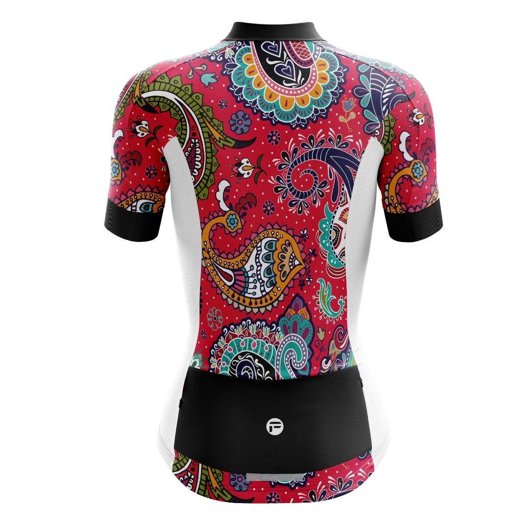 Vibrant paisley pattern on a women's cycling jersey, showcasing the back with three pockets.