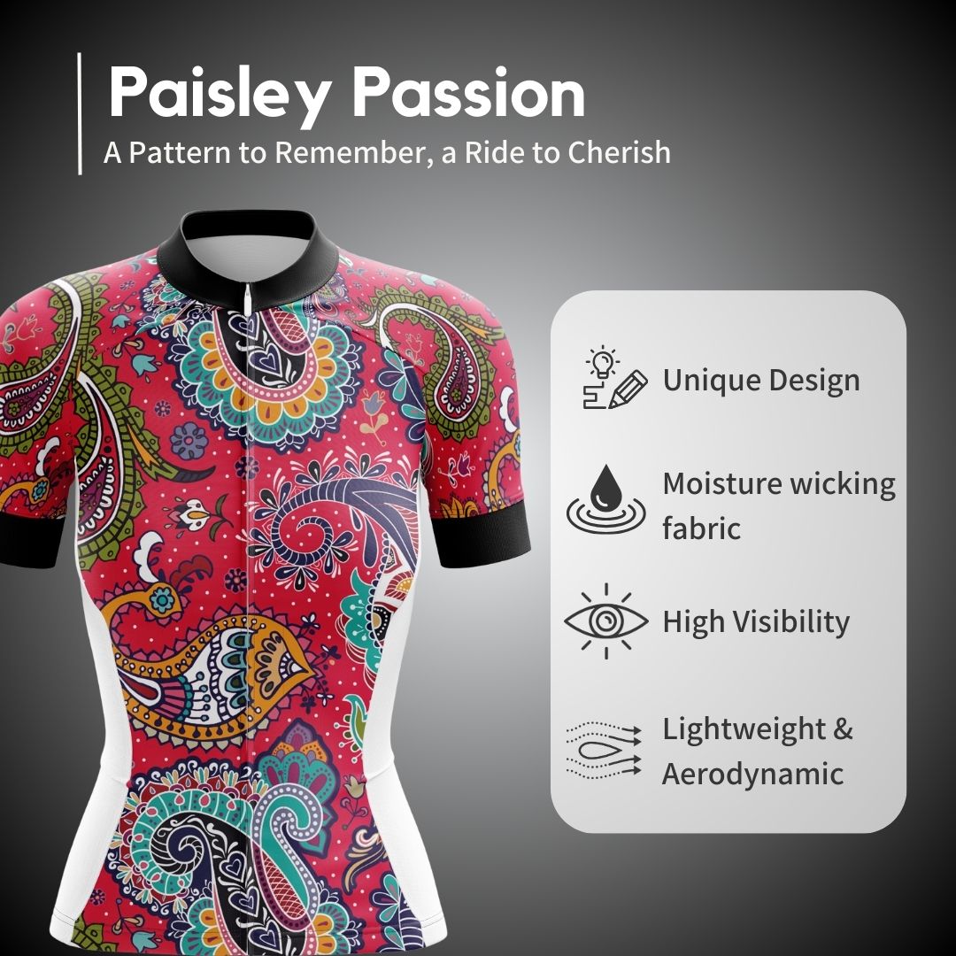 key features of the Paisley Passion cycling set.