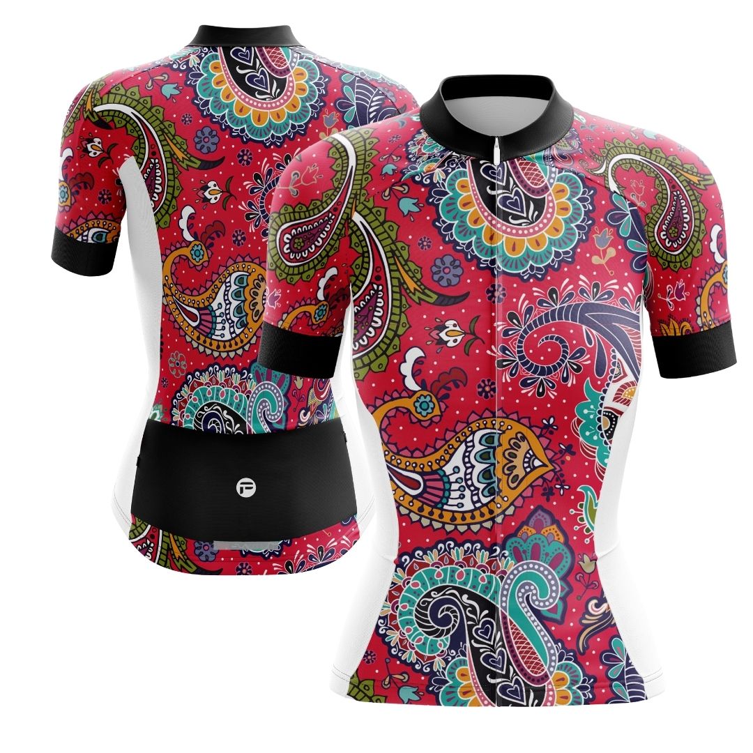 Close-up of the intricate paisley design on the Paisley Passion women's cycling jersey.