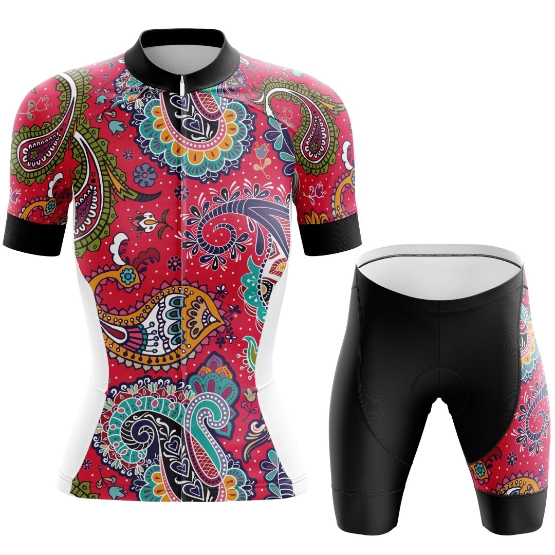 Paisley Passion women's short-sleeve cycling set, featuring a matching jersey and shorts.