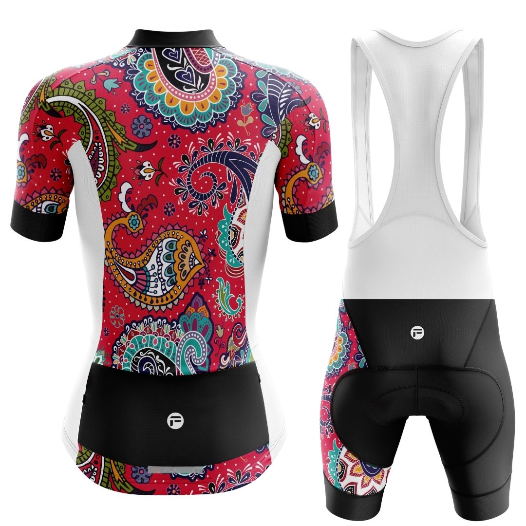 Back image of colorful cycling outfit with a vibrant paisley pattern.