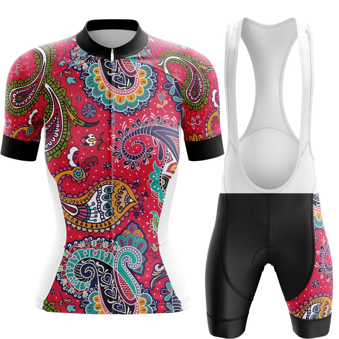 Colorful cycling outfit with a vibrant paisley pattern.