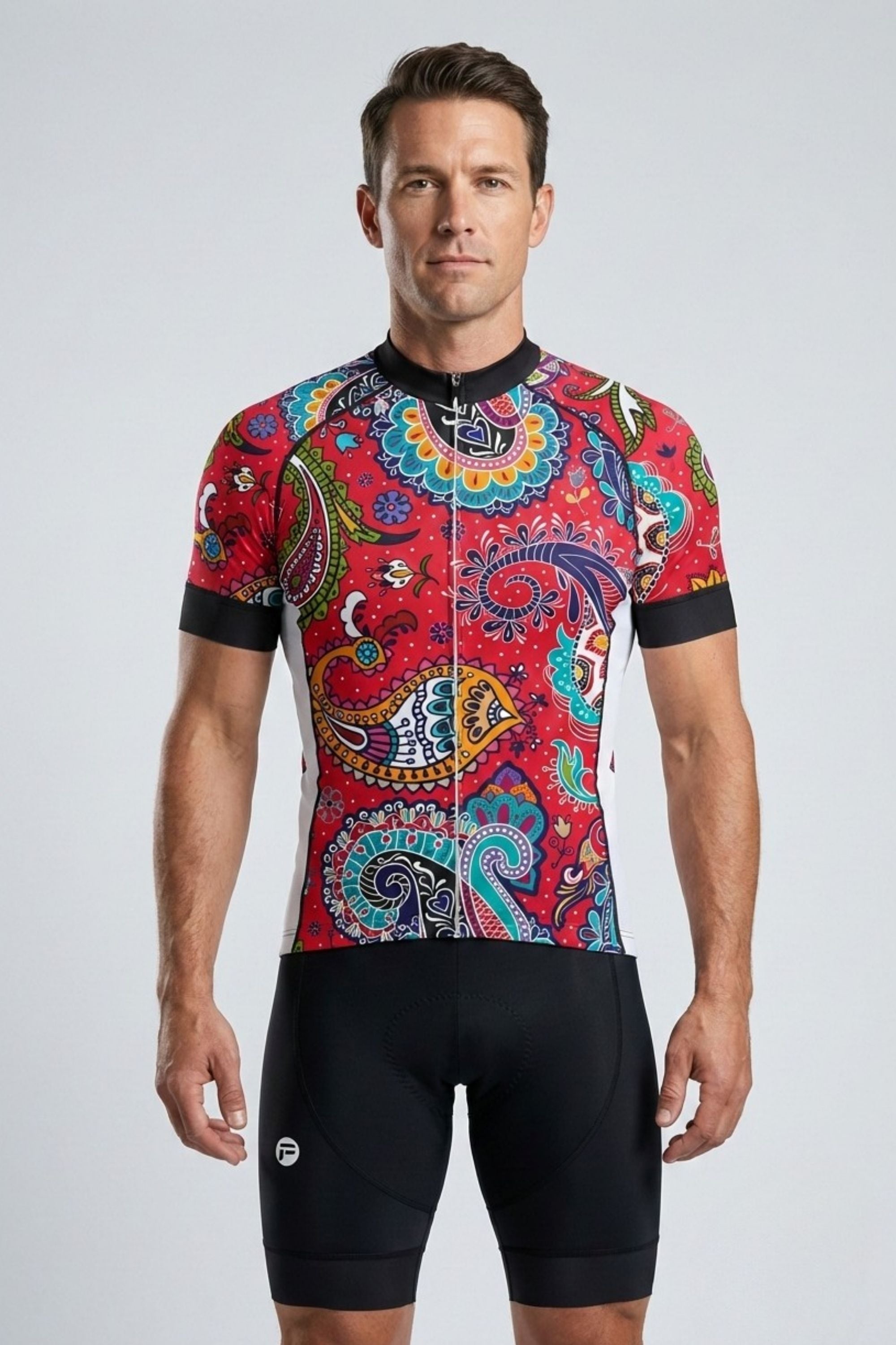 Man wearing a colorful cycling jersey with black shorts on a light gray background