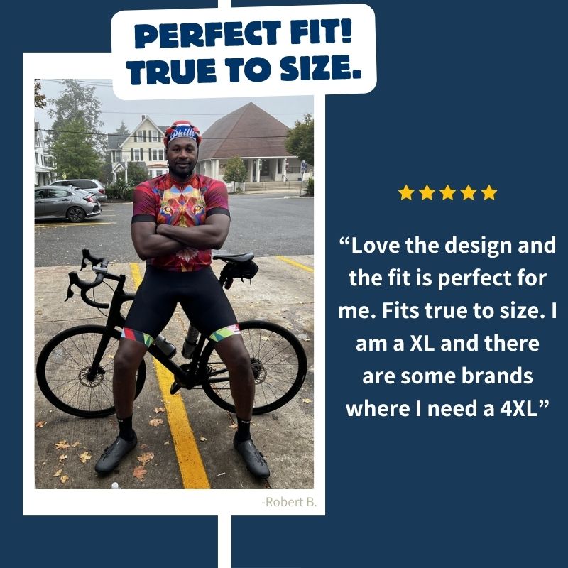 Happy customer in front of his road bicycles in our cycling kit giving Frelsi a 5-star review!