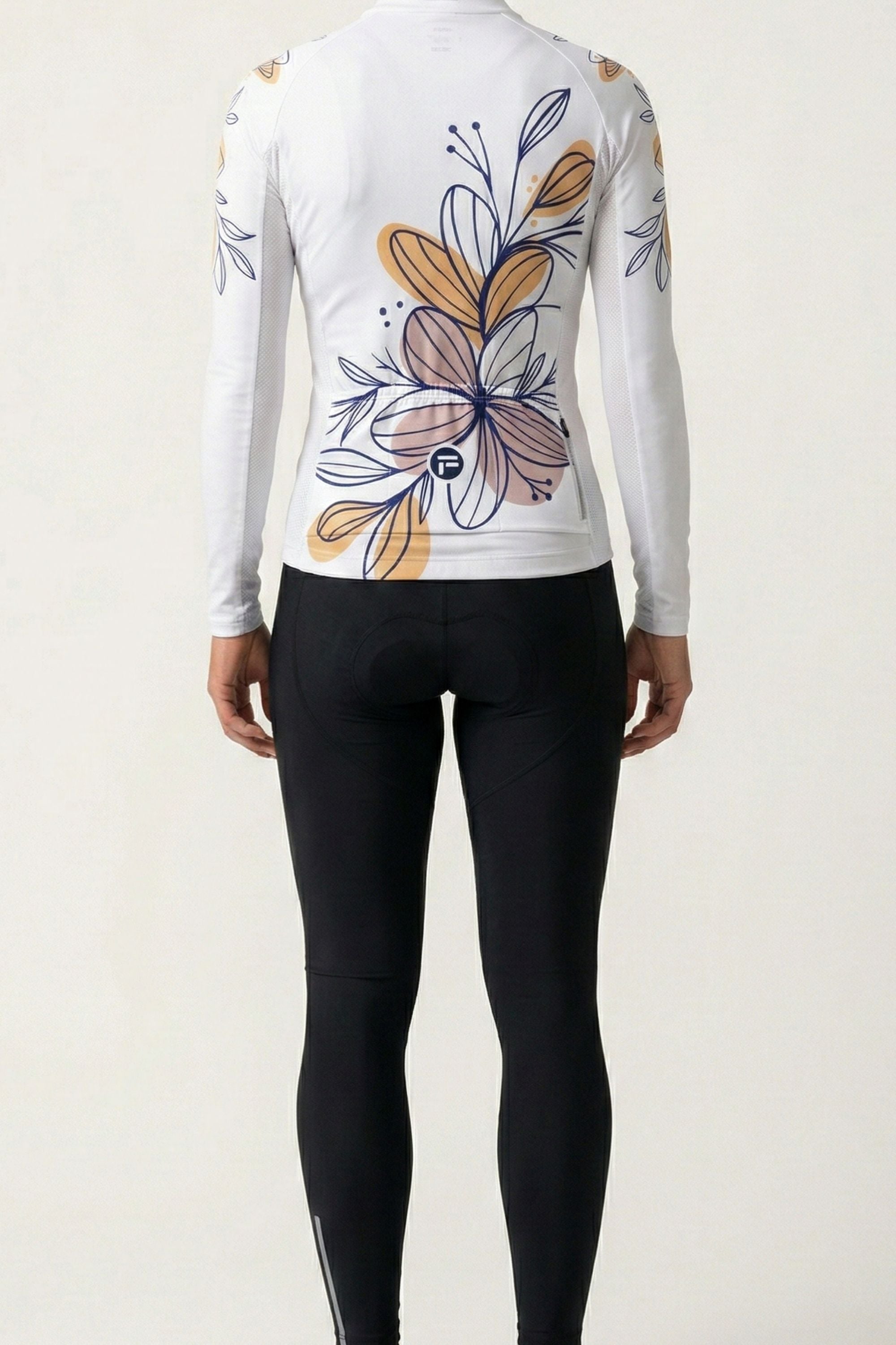 White long-sleeve cycling jersey with floral design on a white background