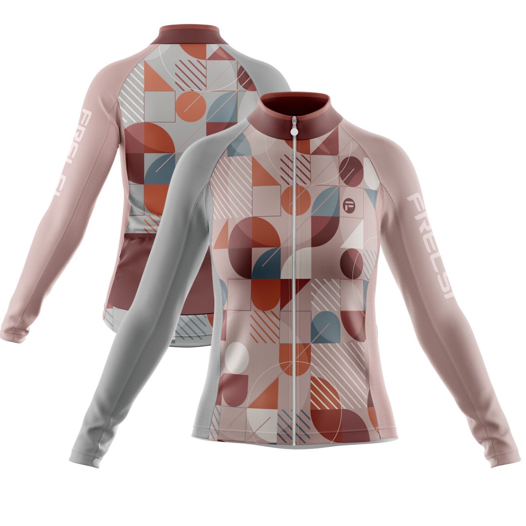 Women's long-sleeve cycling jersey featuring a vibrant, eye-catching geometric pattern.