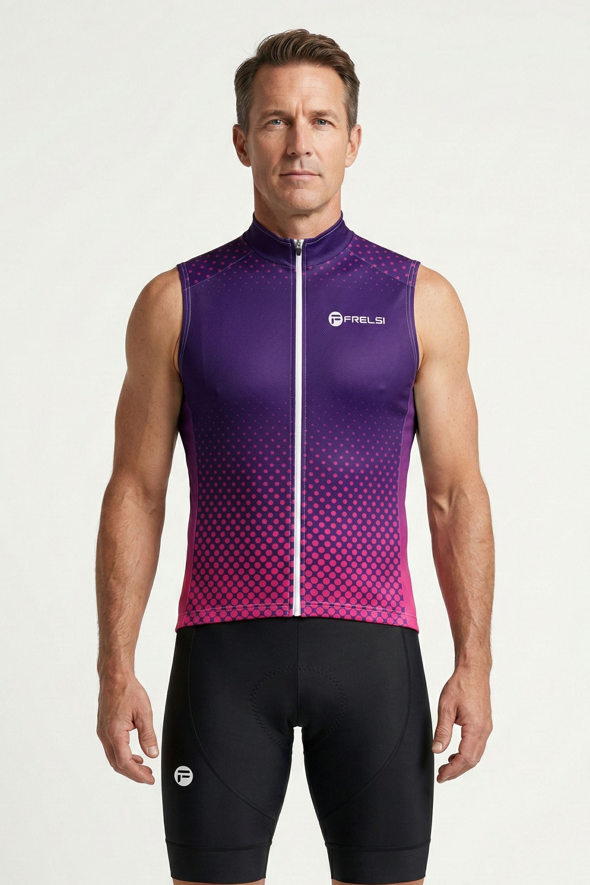 Man wearing a purple and pink cycling vest with black shorts on a white background