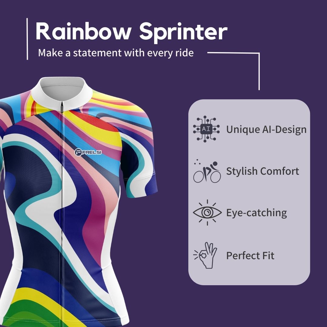 Highlights about a short cycling jersey for women called "Rainbow Sprinter"