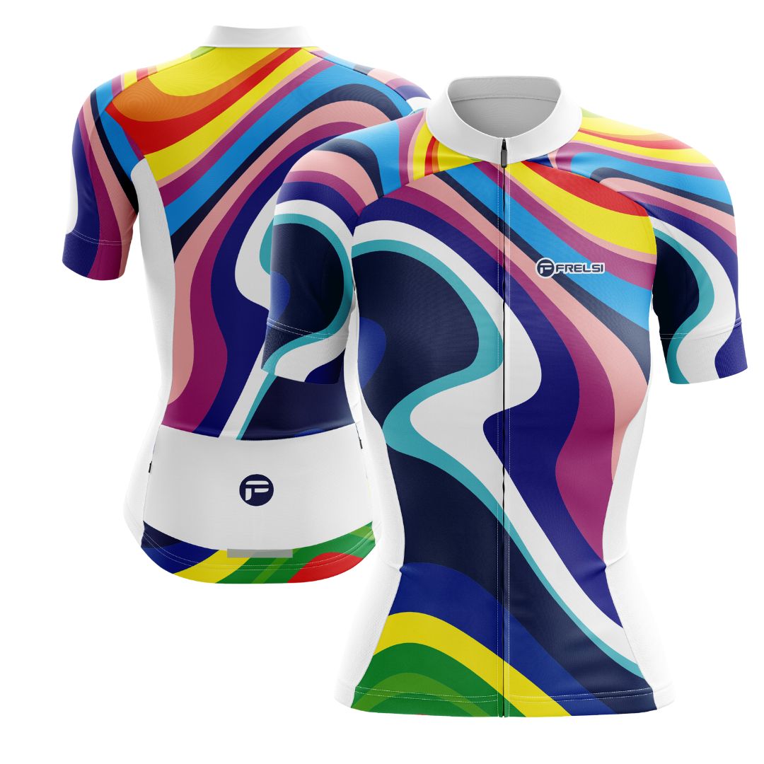 Colorful Women cycling jersey with a spectrum of hues, called 'My Rainbow Sprint'