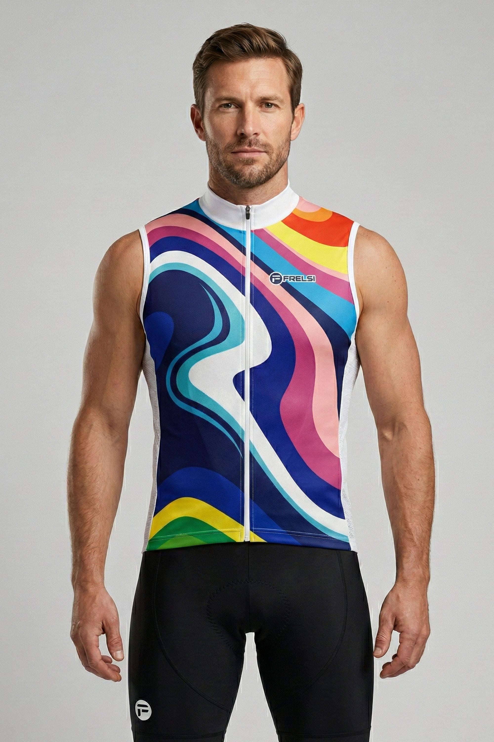 Man wearing a colorful sleeveless cycling jersey on a gray background