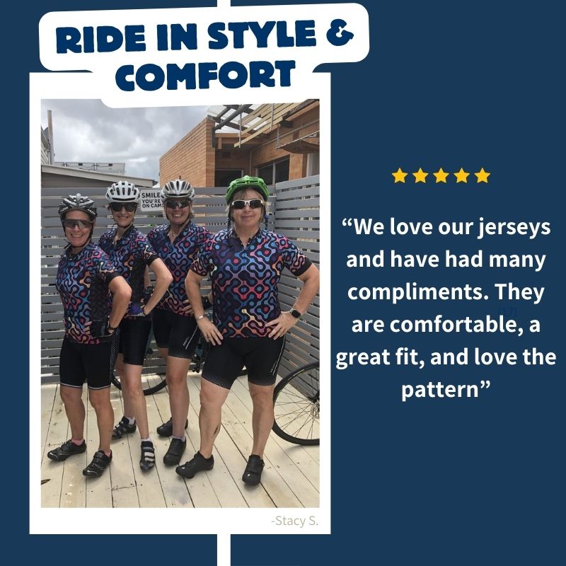 Happy cyclists group wearing our cycling jerseys giving Frelsi a 5-star review! Ride in Style & Comfort!