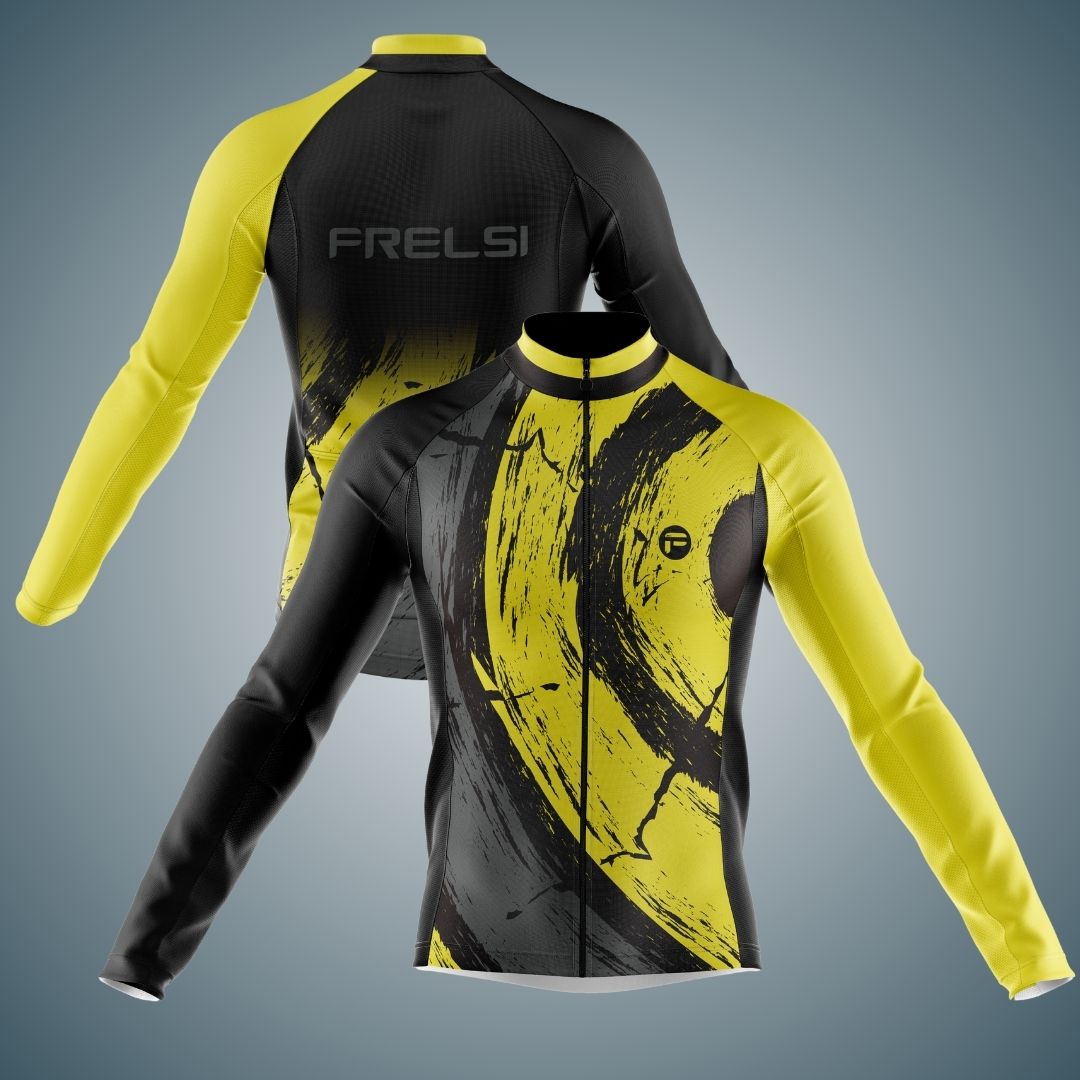 Men's long sleeve cycling jersey in black and yellow with bold abstract brushstroke design. Features a full zipper front and 'Frelsi' branding on the back, designed for cooler weather cycling.