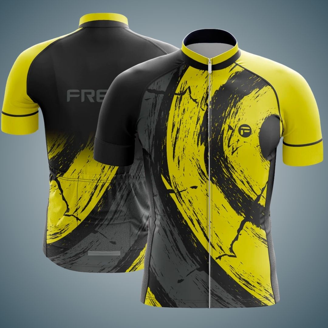 Men's short sleeve cycling jersey in black and yellow with bold abstract brushstroke design. Features a full zipper front and back pockets, offering a stylish and high-performance fit for cycling.