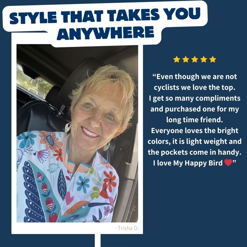Smiling elderly woman in a colorful Frelsi Happy Bird jersey sits comfortably in her car. Text: Style That Takes You Anywhere.