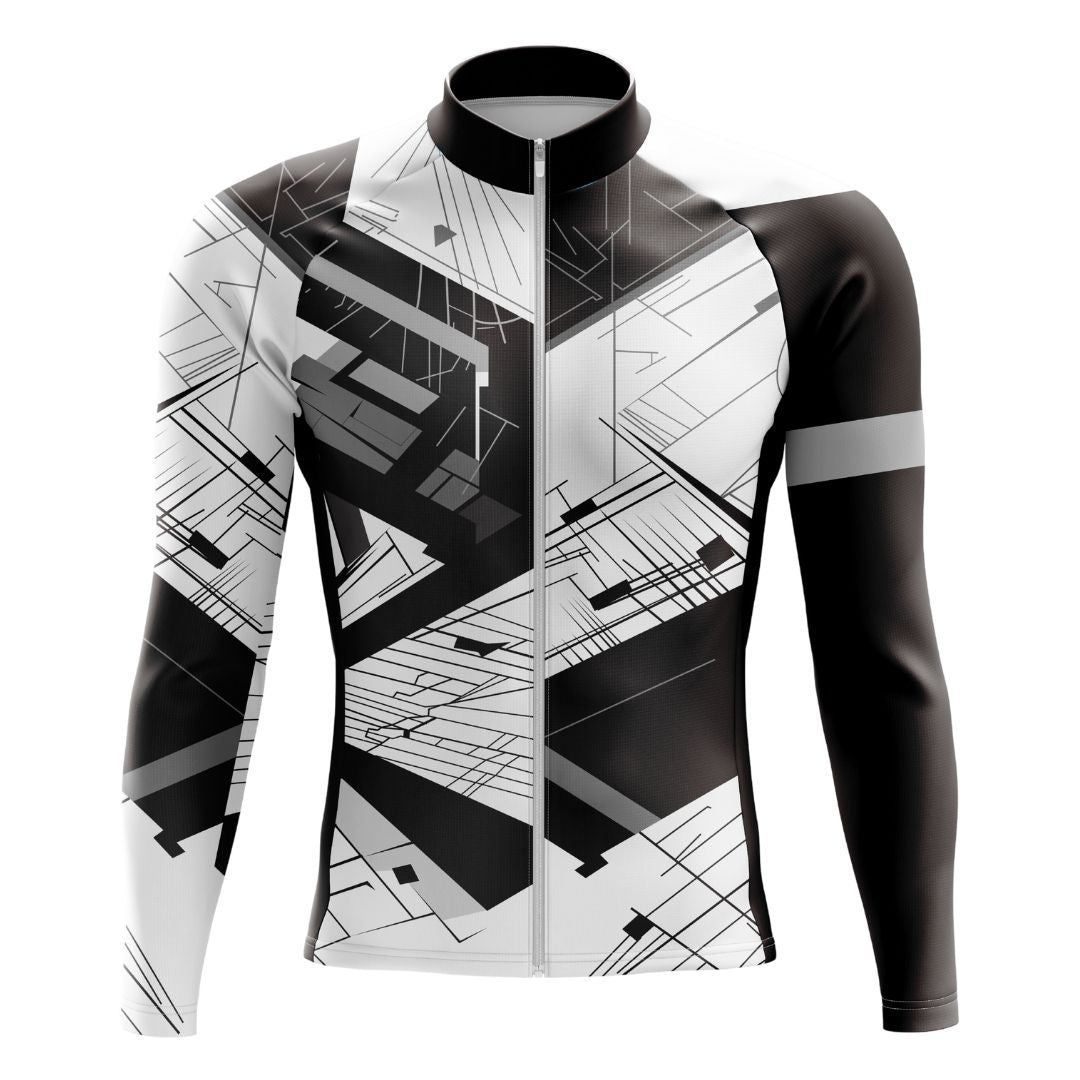 High-performance men's long sleeve cycling jersey featuring a futuristic city-inspired pattern and breathable fabric for ultimate comfort.