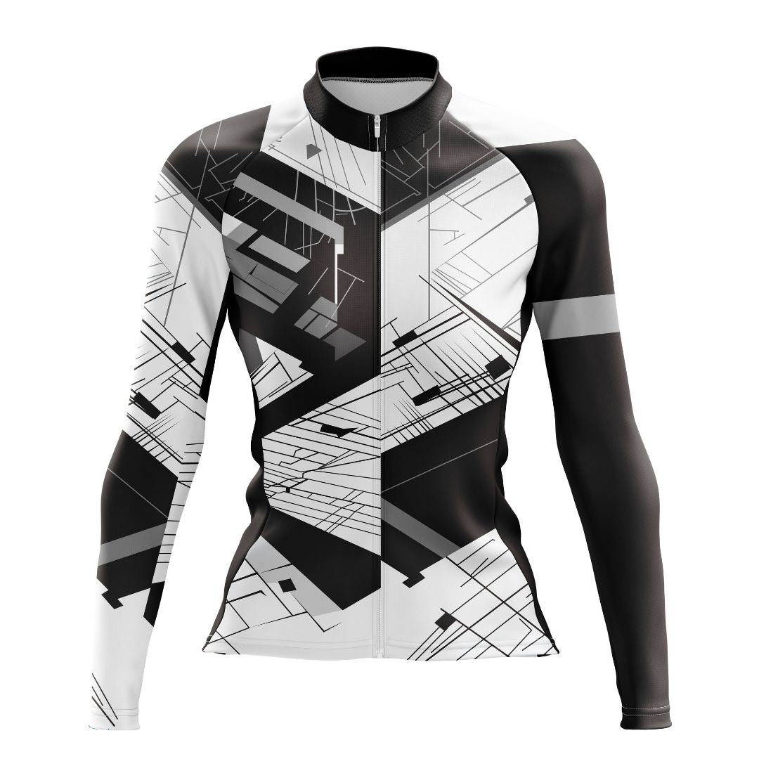 High-performance women's long sleeve cycling jersey with a city-inspired pattern and breathable, moisture-wicking fabric.