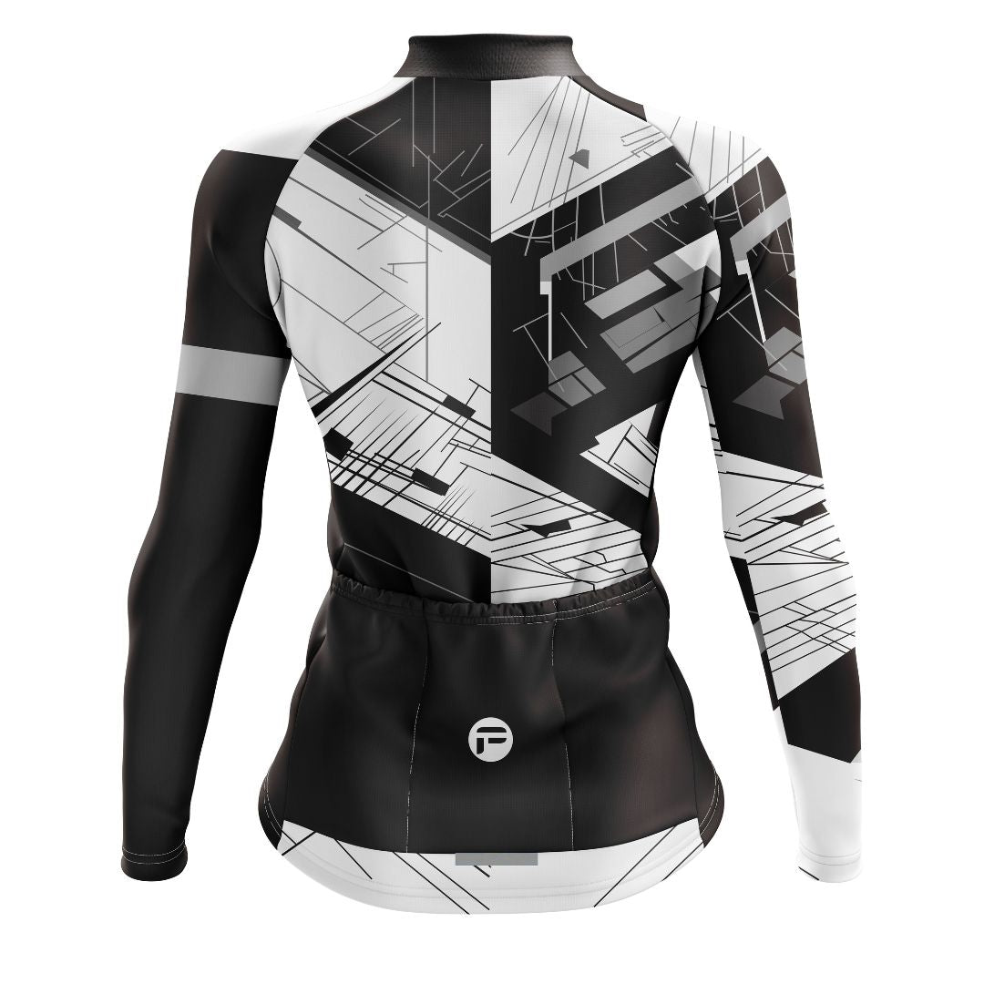Urban Motion women's long sleeve cycling jersey with a sharp black-and-white design, tailored for aerodynamic comfort