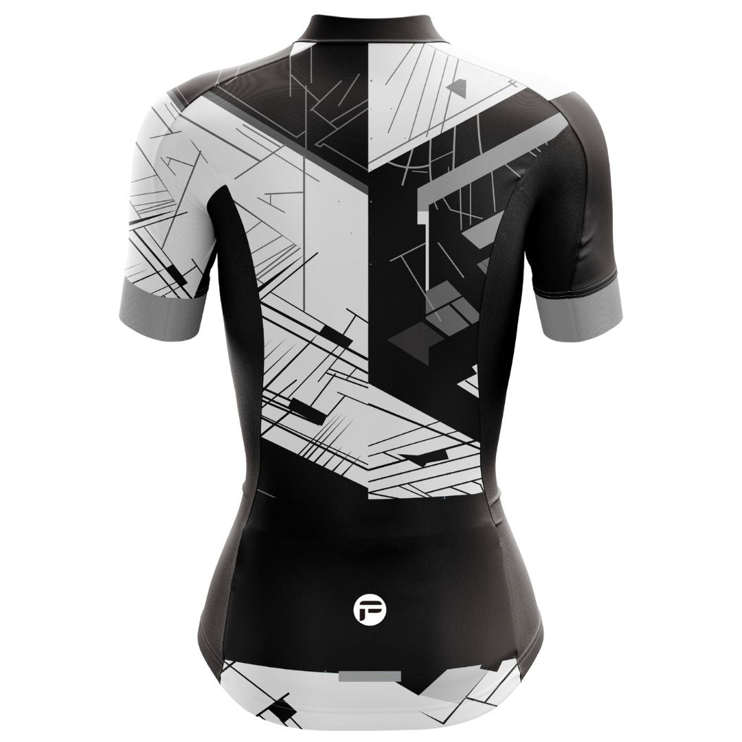 Urban Motion women's cycling jersey with a sharp black-and-white design, tailored for comfort and performance.