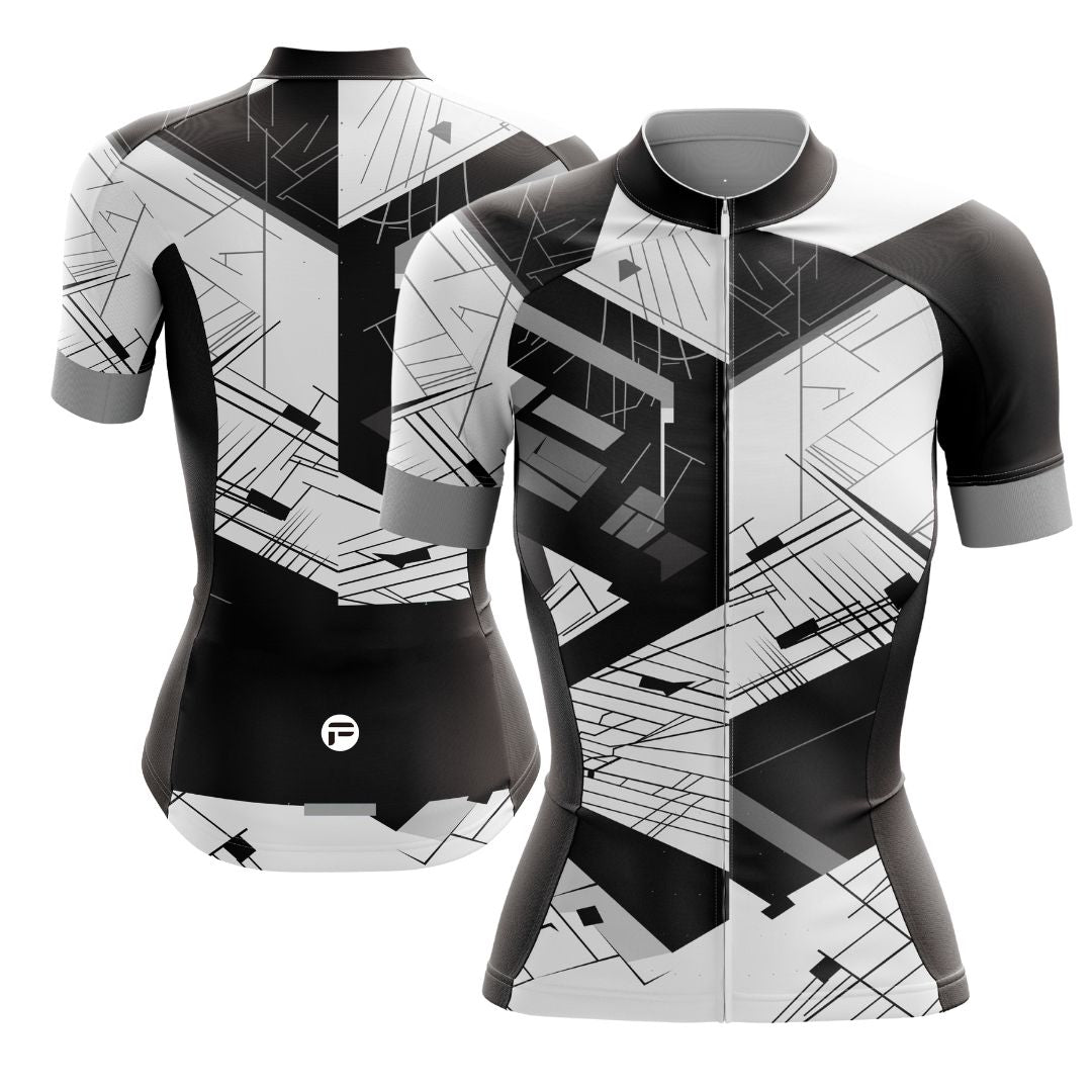 Women's Urban Motion Short Sleeve Cycling Jersey with a bold geometric design and modern tech-inspired aesthetic.