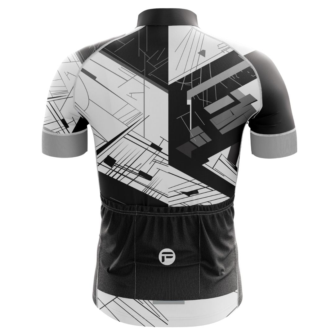 Urban Motion men's cycling jersey with a modern geometric aesthetic, breathable fabric, and a streamlined design for ultimate comfort.