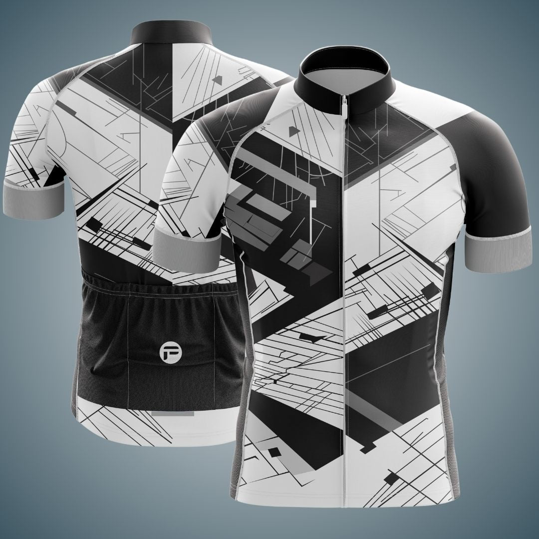 Men's Urban Motion Short Sleeve Cycling Jersey with a bold, tech-inspired geometric design, perfect for modern cyclists.