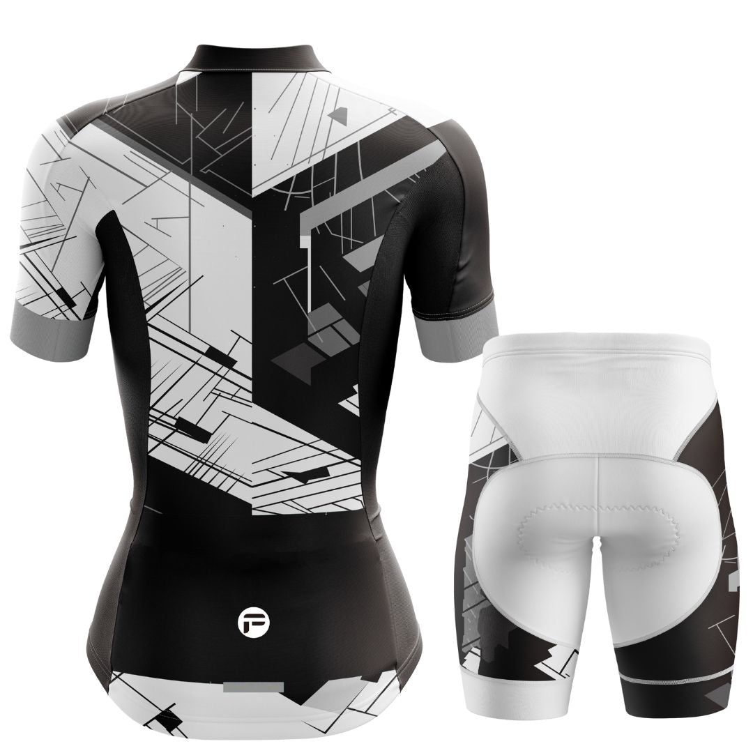 High-performance women's cycling kit with a bold black-and-white jersey design and supportive, breathable bib shorts.