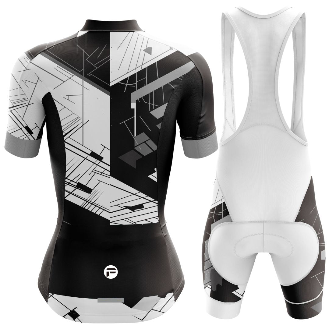 Urban Motion women's short sleeve cycling set with a city-inspired pattern, moisture-wicking fabric, and aerodynamic fit.