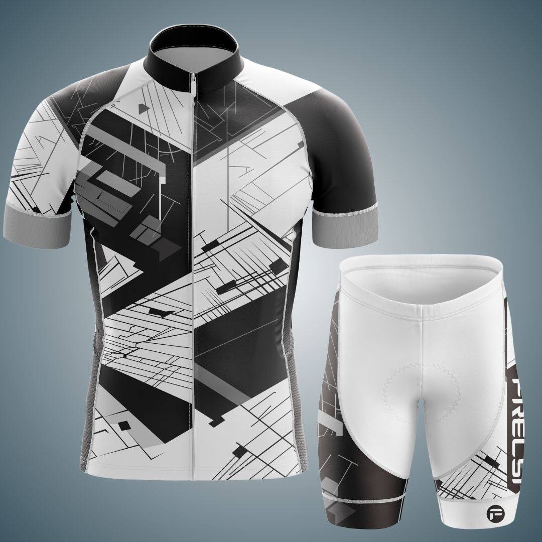 Men's Urban Motion Short Sleeve Cycling Set featuring a bold, tech-inspired geometric jersey and matching bib shorts for a sleek, modern look.