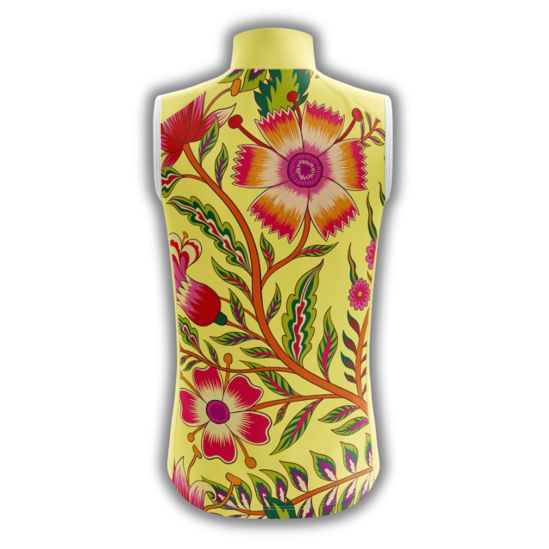 Back image of a sleeveless cycling jersey with colors and design of a yellow wildflower