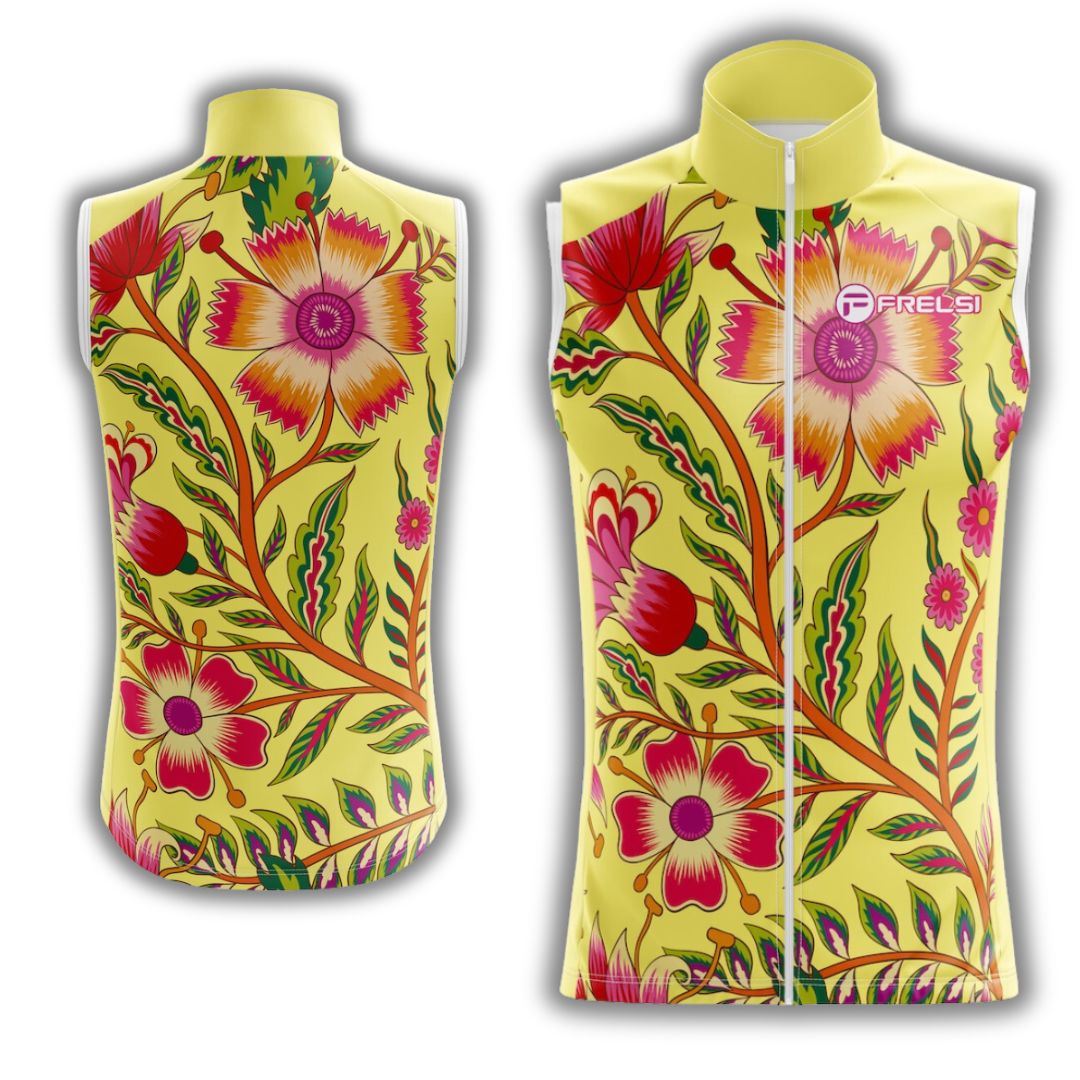Sleeveless cycling jersey with colors and design of a yellow wildflower