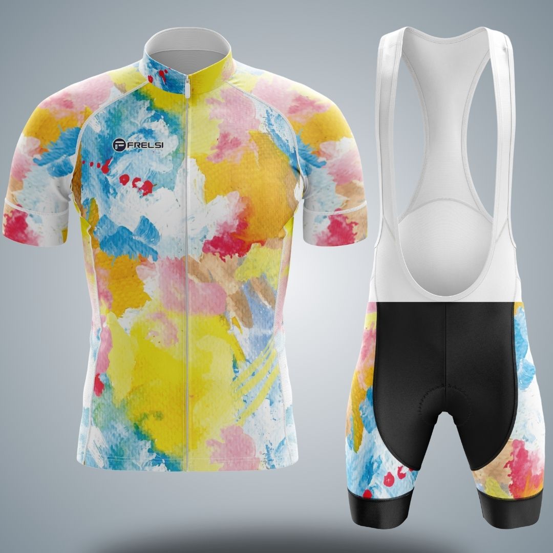 Men's Short Sleeve Cycling Set with bib shorts and Rainbow Watercolors Splash Colors