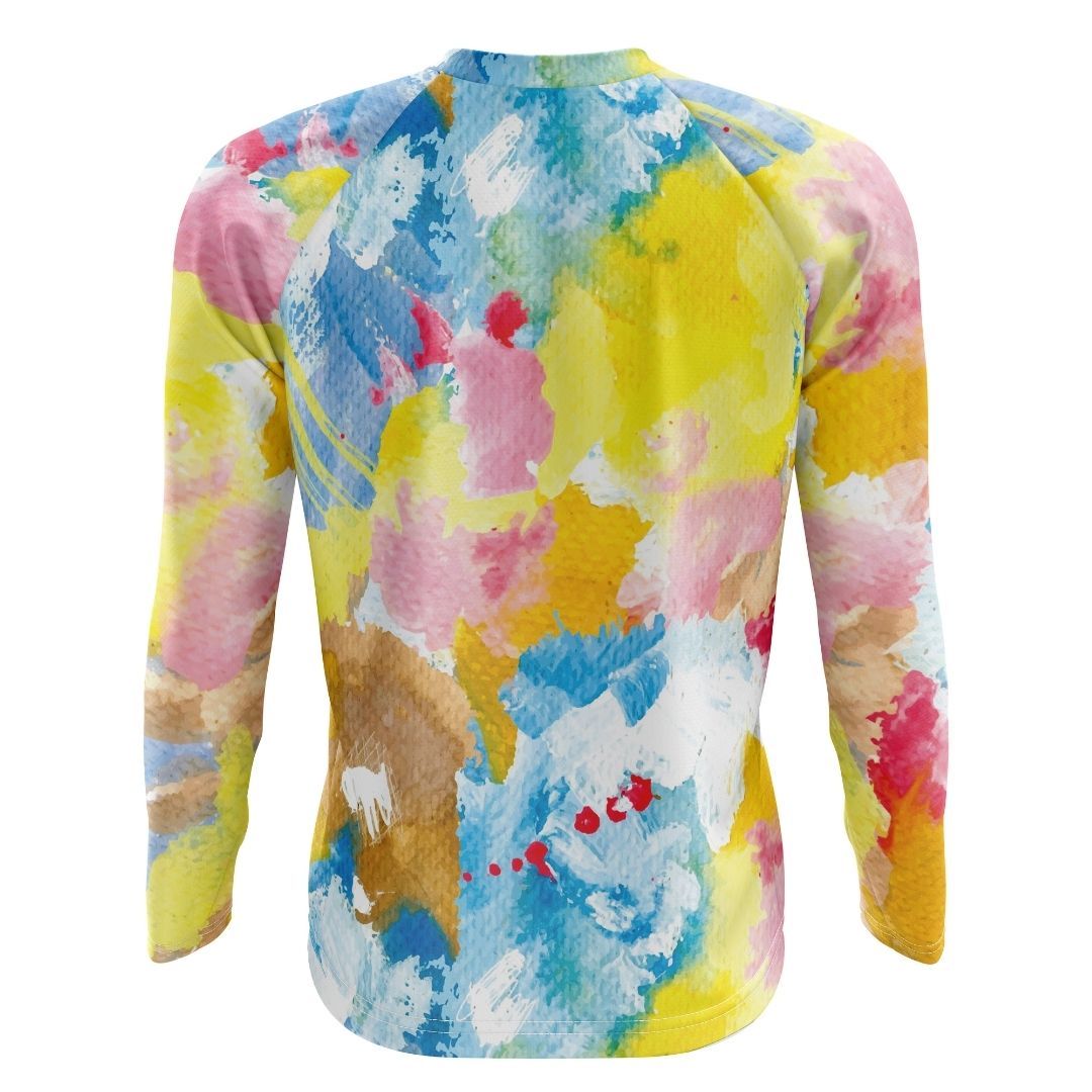 Breathable cycling jersey with a unique watercolor design in yellow, pink, white, red, and blue. Wicks moisture and keeps you comfortable.