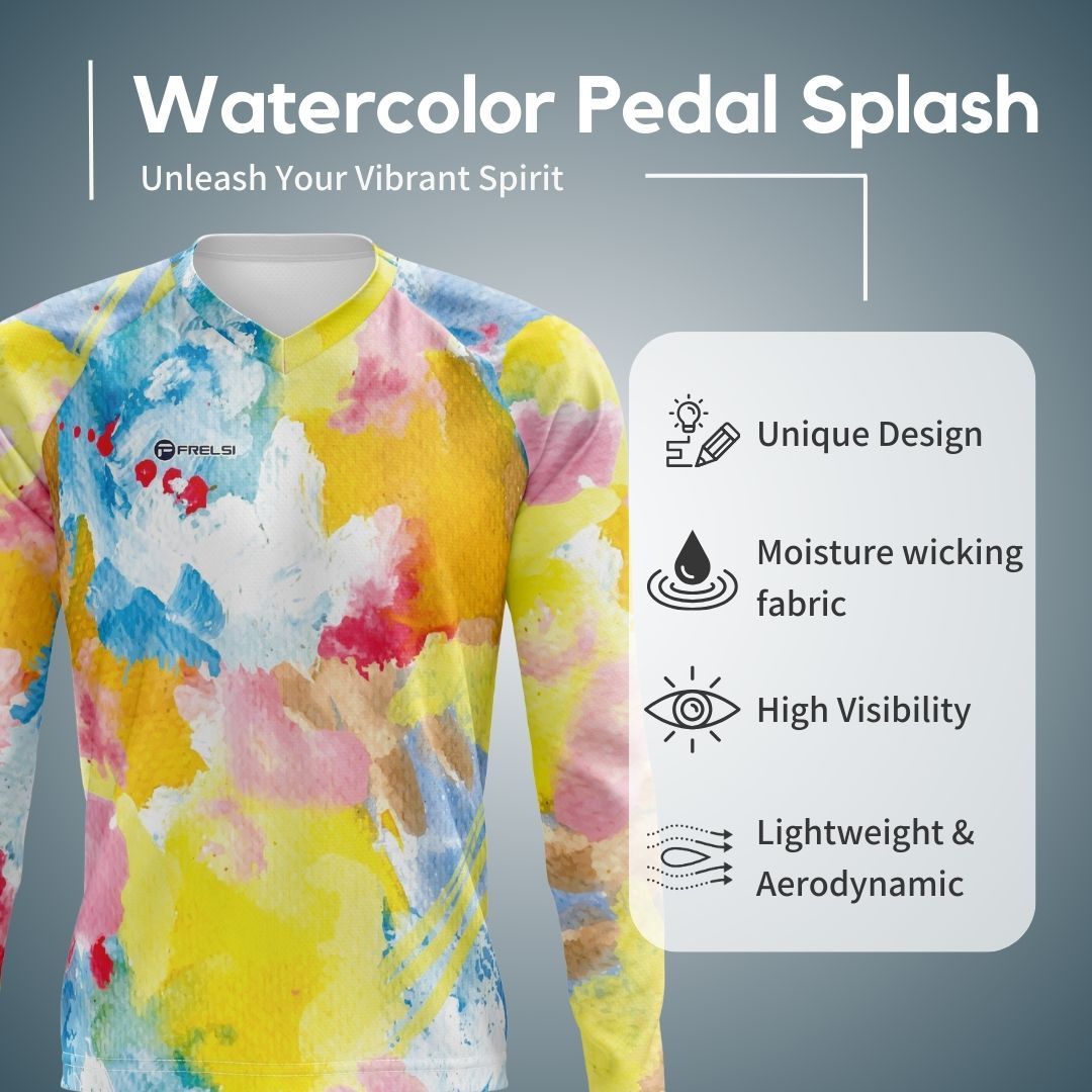 Stand out on your rides with the "Watercolor Pedal Splash" cycling jersey. Bold, artistic design meets high-performance fabric for comfort.