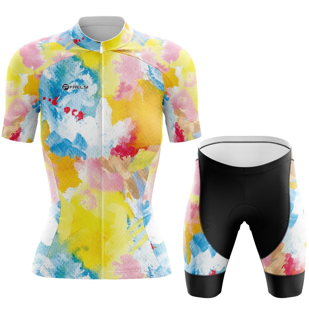 Women's Short Sleeve Cycling Kit with Rainbow Watercolors Splash Painting