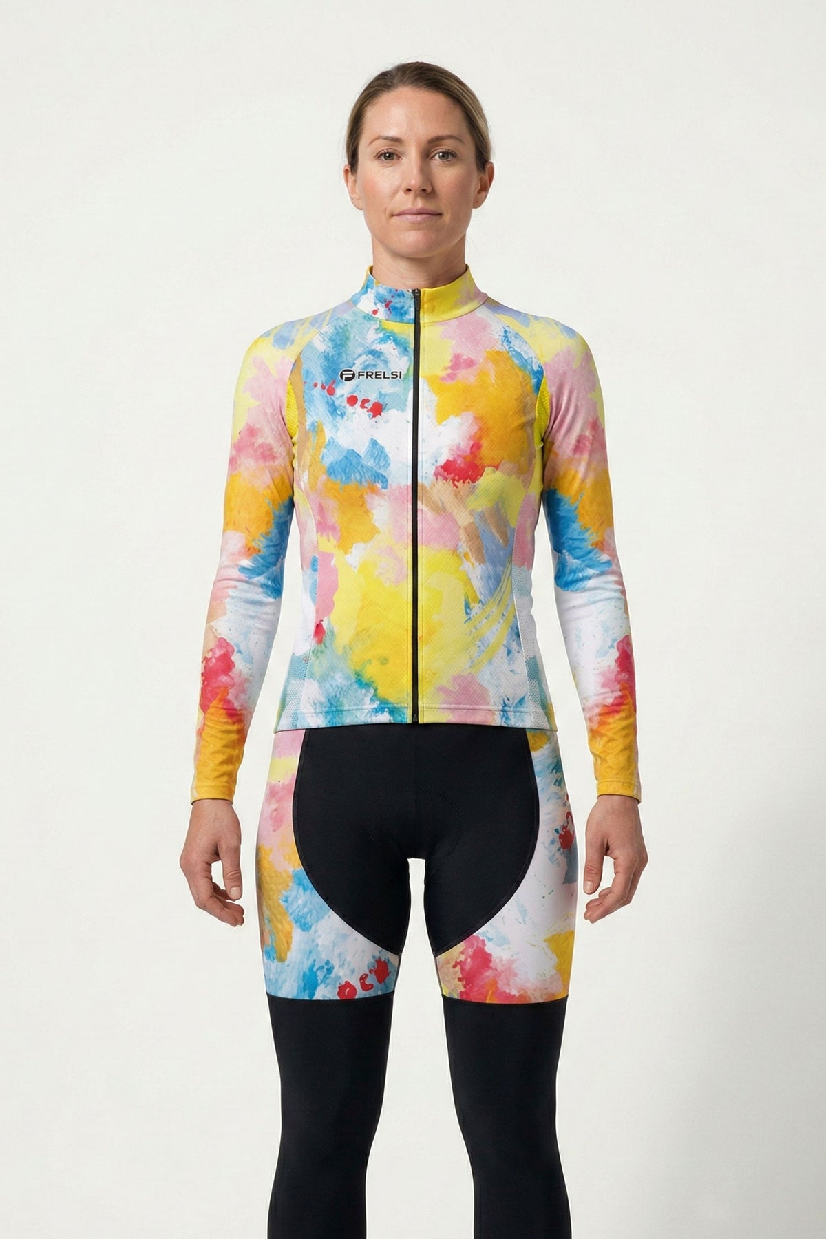 Person wearing a colorful cycling suit on a white background