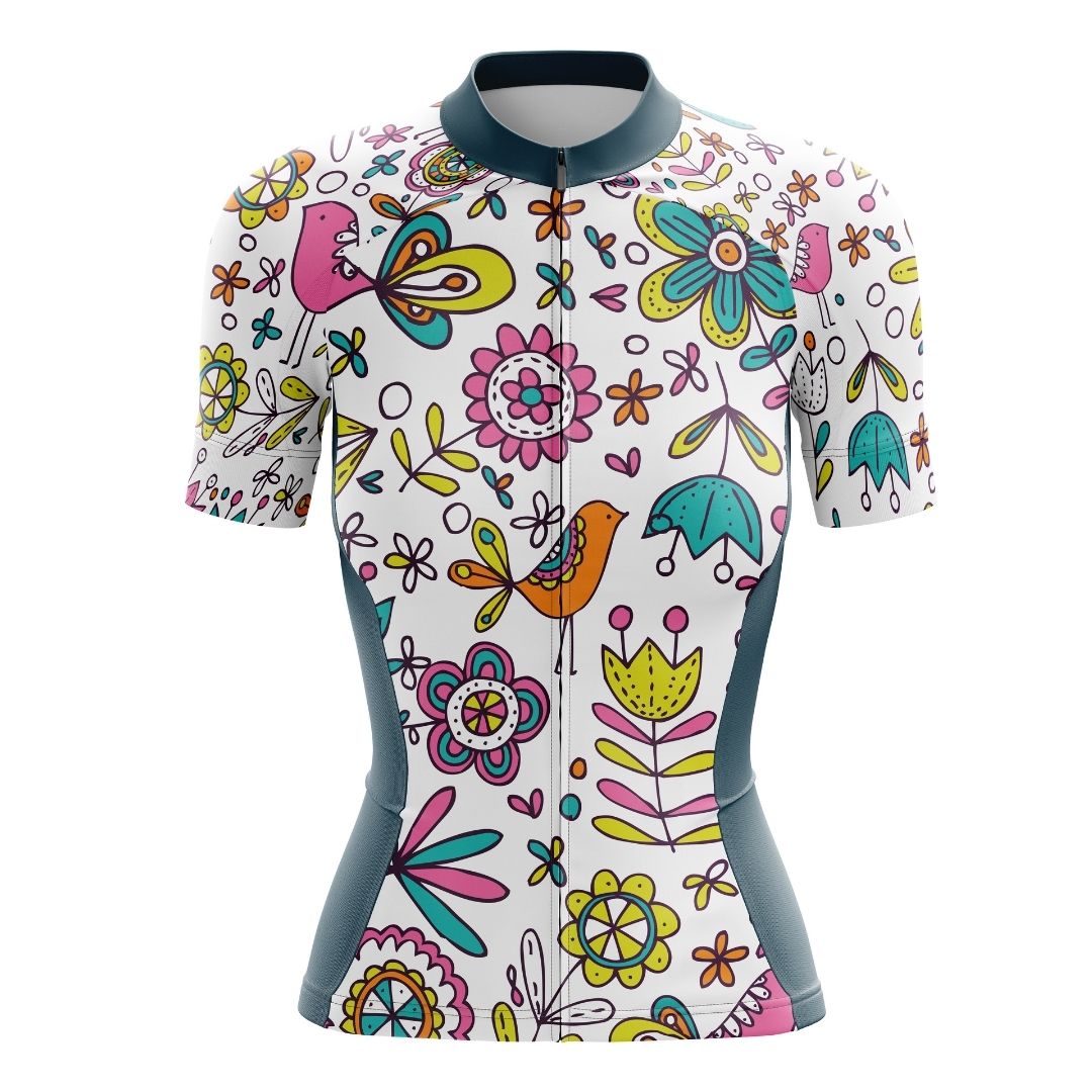 Colorful cycling jersey featuring playful floral designs.