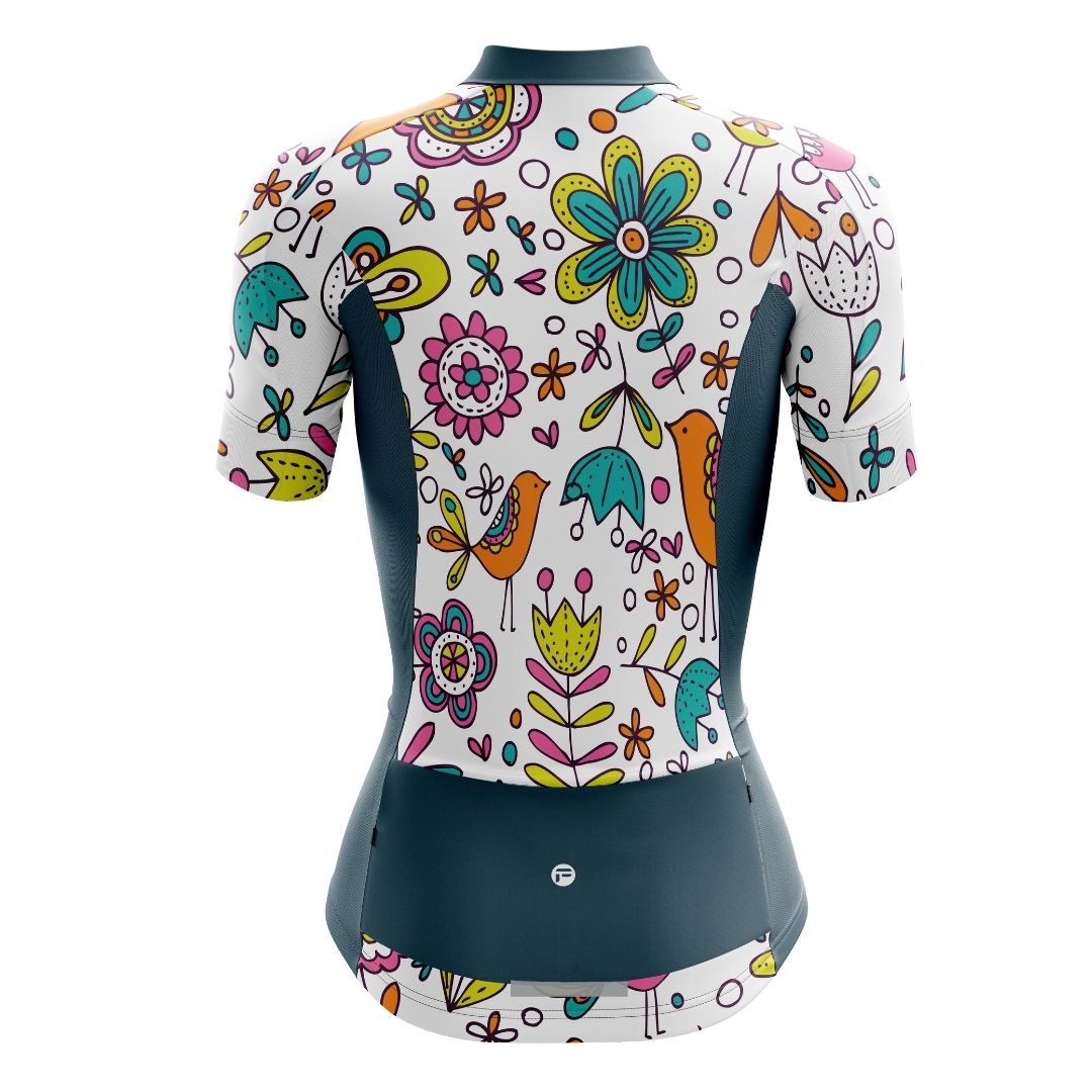 Back Image of stylish women's cycling jersey with a whimsical floral pattern.