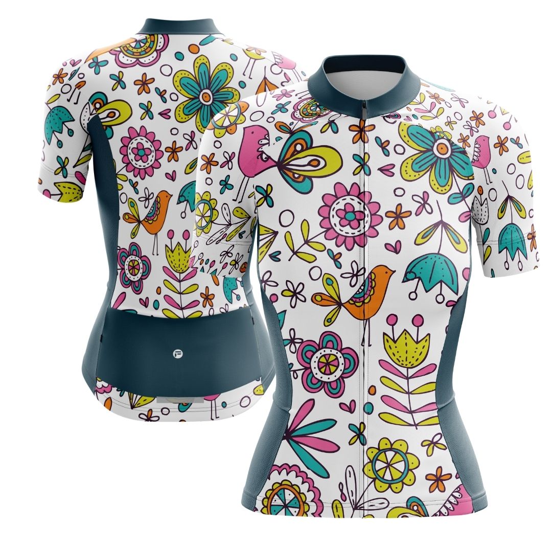 Whimsy Blooms women's cycling jersey with floral patterns and vibrant colors.