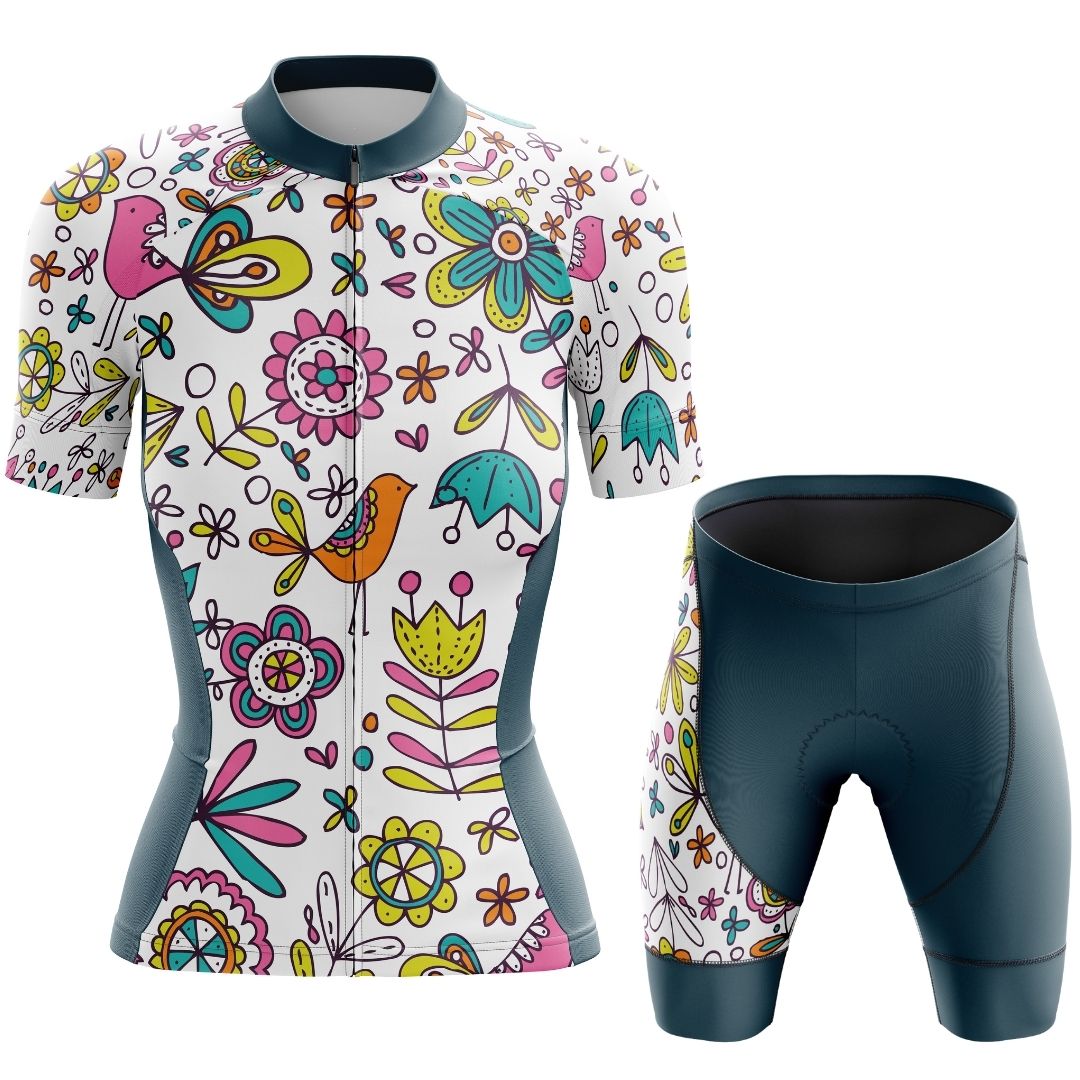 Whimsy Blooms women's short cycling kit, featuring a jersey and matching shorts with floral patterns.