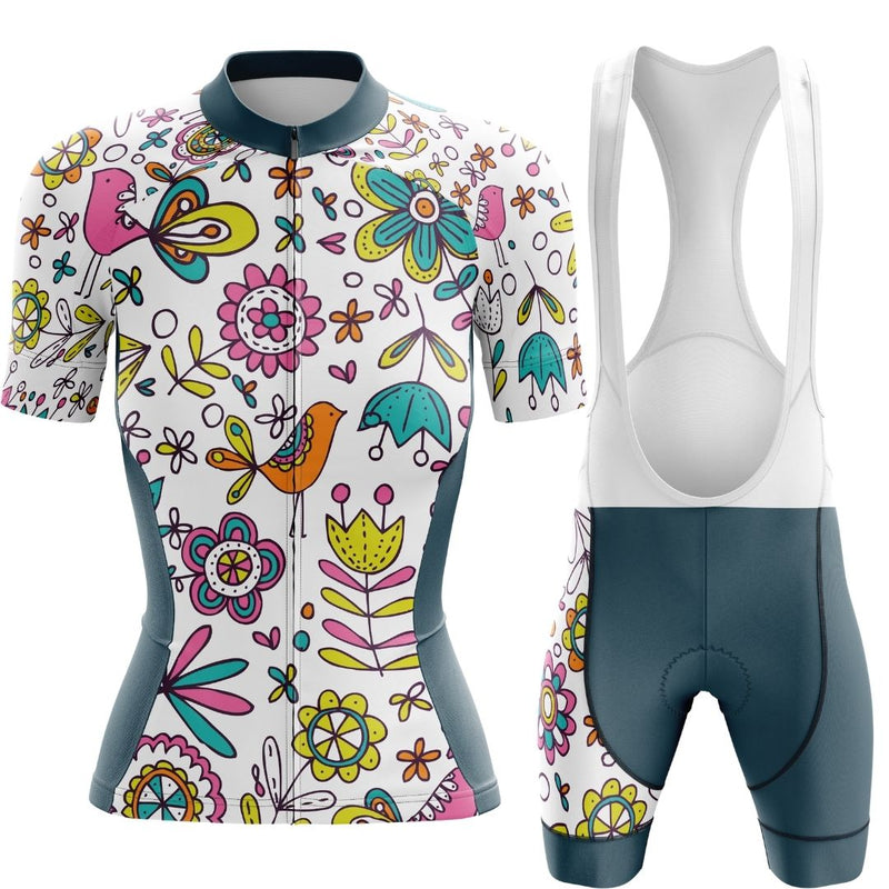 Whimsy Blooms women's short cycling kit, featuring a jersey and matching bib shorts with floral patterns.