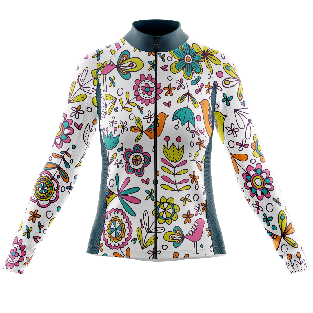 Front view of the Whimsy Blooms cycling jersey, showcasing the design details.