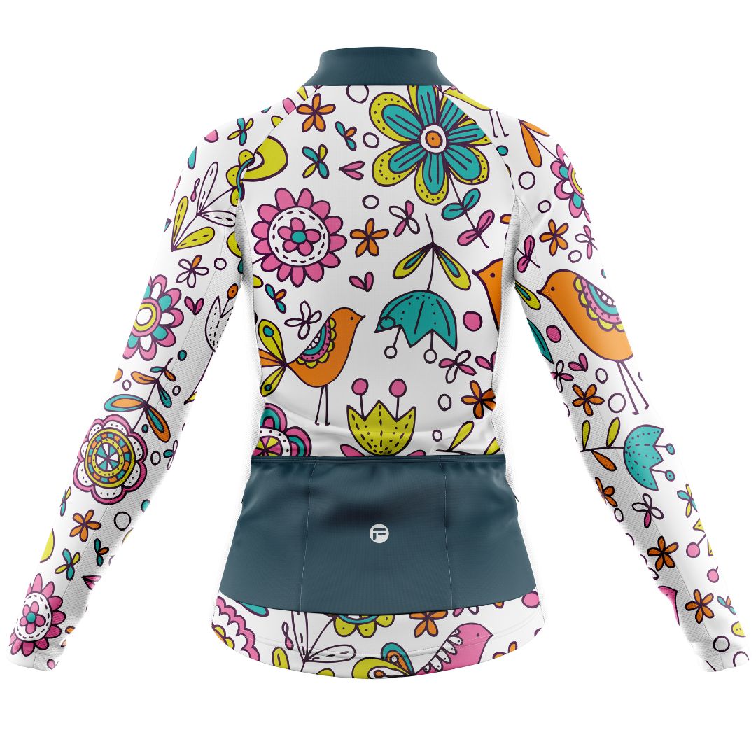 Back view of the Whimsy Blooms cycling jersey, showcasing the design details.