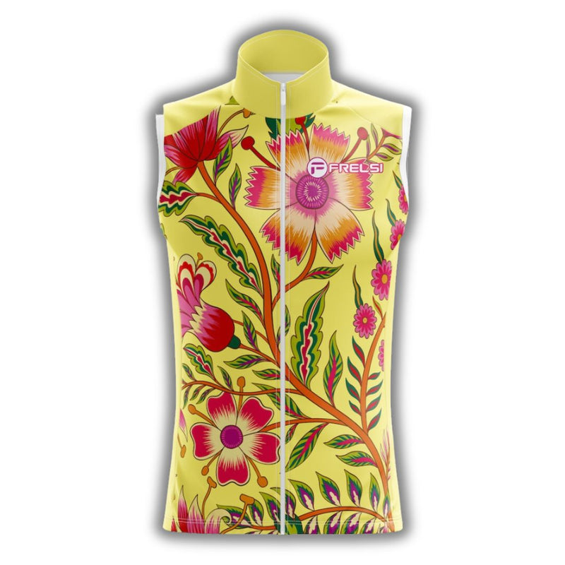 Front image of a sleeveless cycling jersey with colors and design of a yellow wildflower