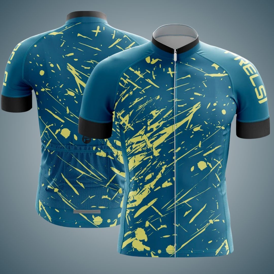 Blue short sleeve cycling jersey with vibrant yellow splatter design, featuring a full zipper front and back pockets. Designed for warm-weather rides with a slim, aerodynamic fit.