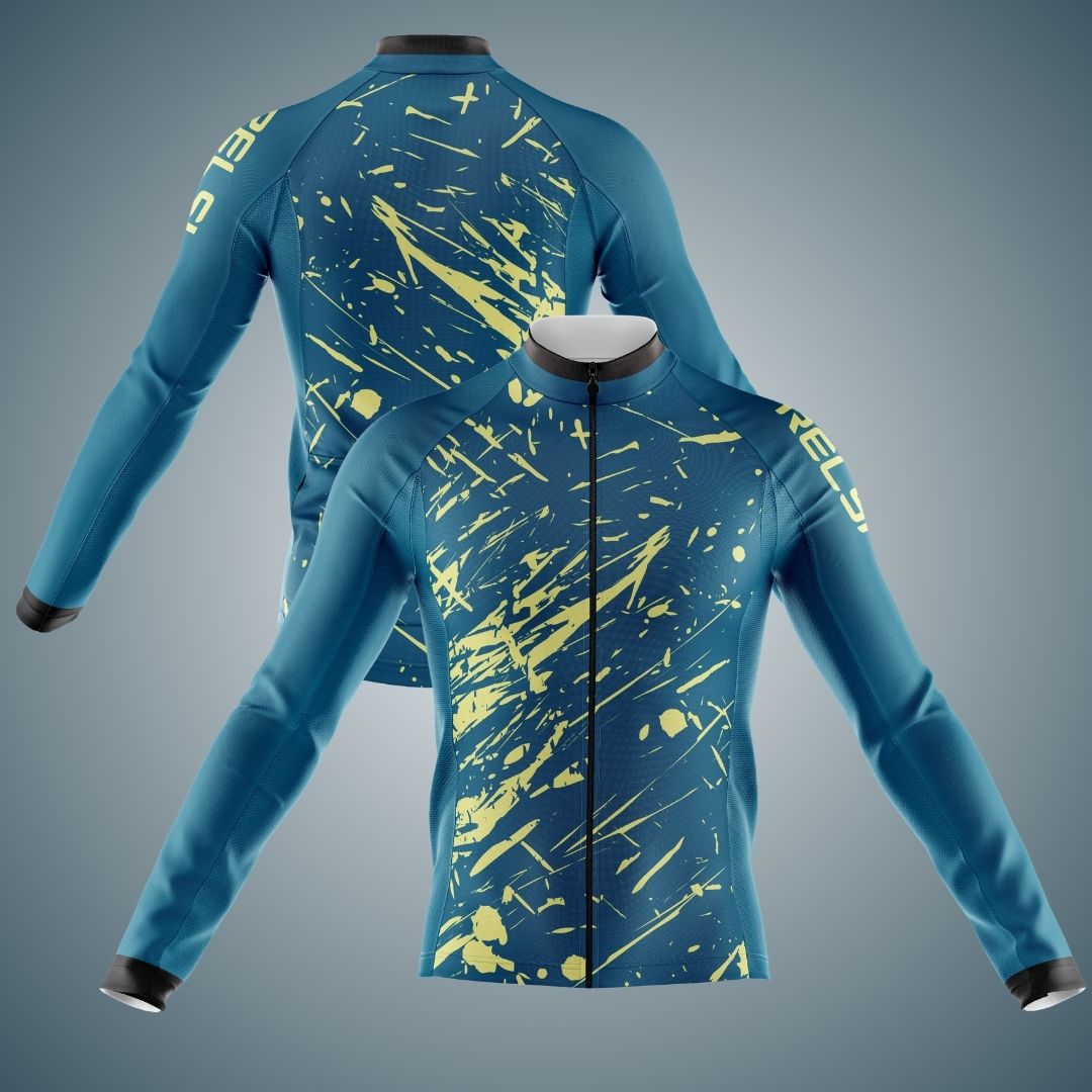 Blue long sleeve cycling jersey with bright yellow splatter design, featuring a full zipper front and sleek fit. Ideal for cold-weather rides, with a stylish, modern look