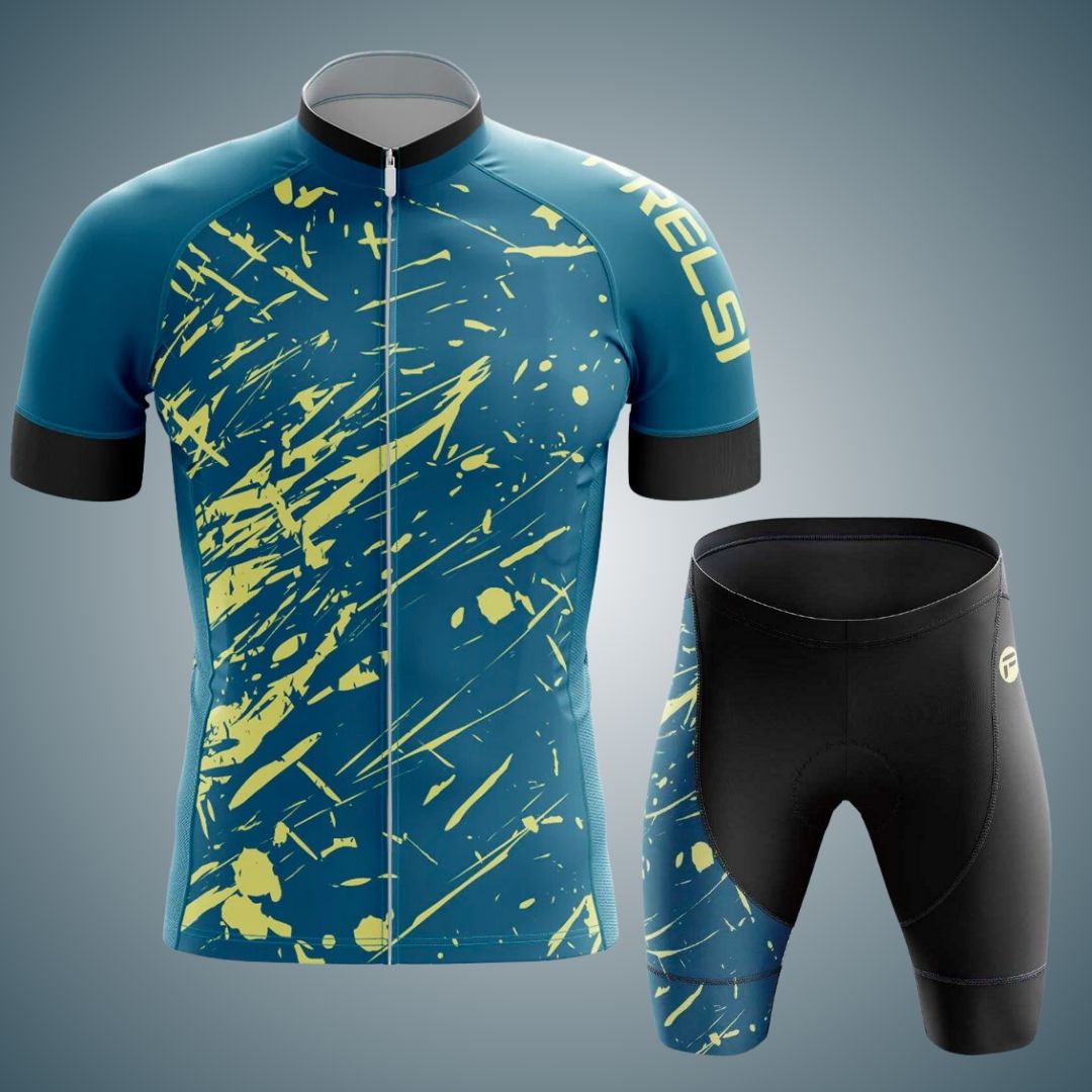 Blue short sleeve cycling jersey and black cycling shorts set with a striking yellow splatter design. The jersey features a full zipper front and the shorts include matching design accents, providing a stylish and coordinated look for cycling