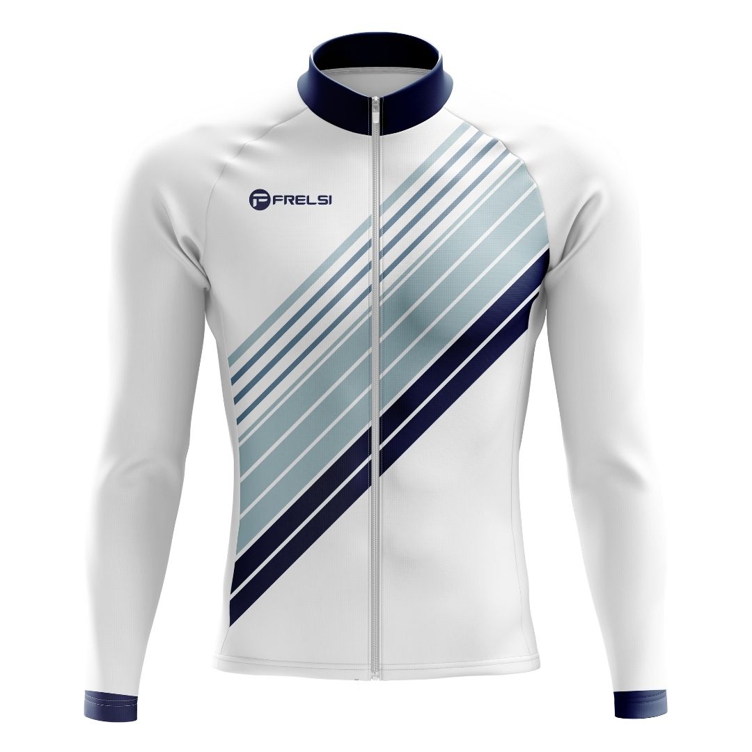 Elegant and aerodynamic men's Zenith Stripes Cycling Jersey featuring a modern diagonal stripe design in blue and white.