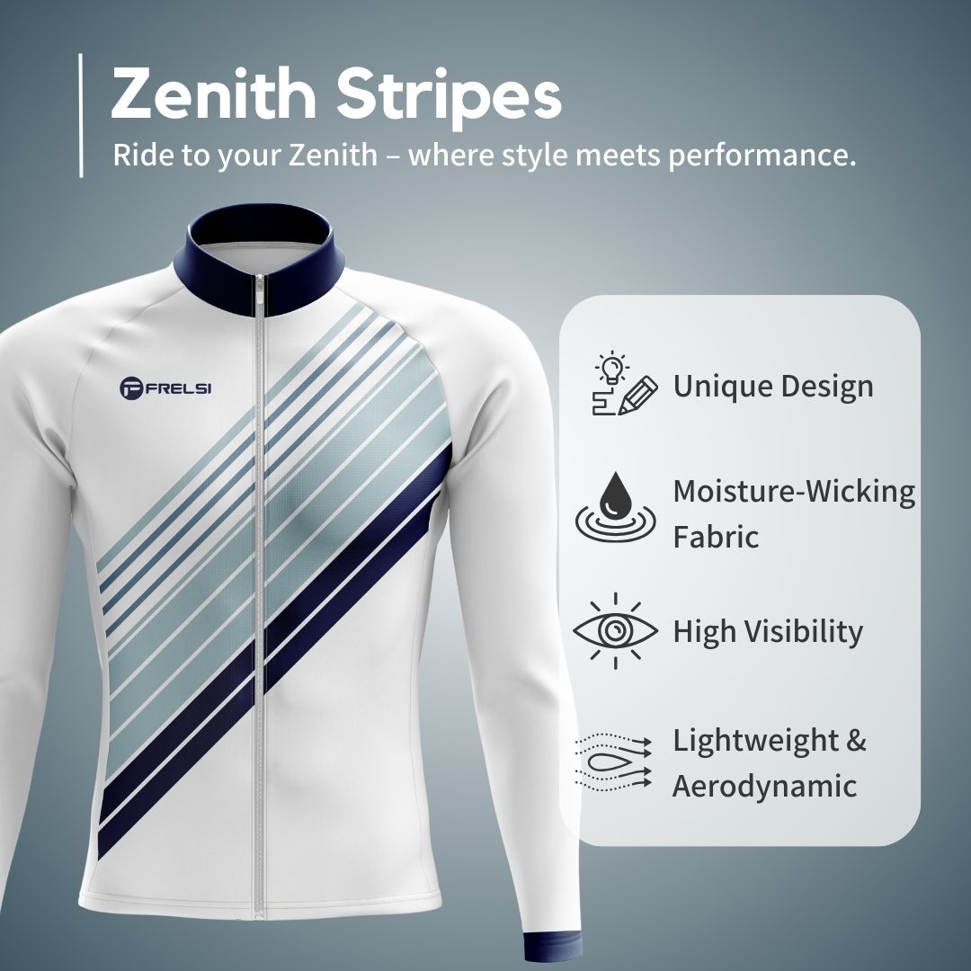 Zenith Stripes men's cycling jersey with bold diagonal lines, combining comfort, high-quality fabric, and a sleek fit for all-season rides.